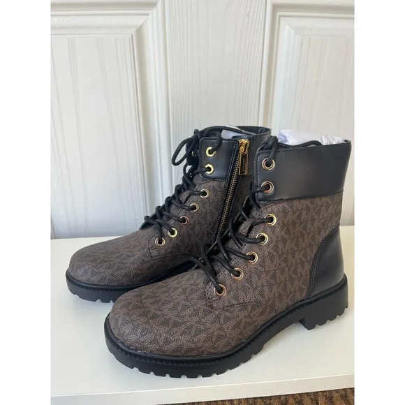 Michael Kors Footwear Alistair Leather Lace Up Monogram Print Combat Bootie Sz 6 - Picture 5 of 8